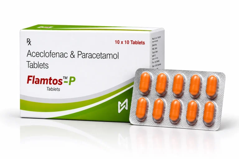 Flamtos-P Aceclofenac and Paracetamol tablets carton with blister strip, 10 x 10 tablets