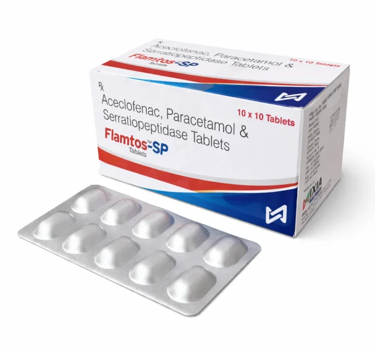 Flamtos-SP Aceclofenac, Paracetamol and Serratiopeptidase tablets carton with blister strip, 10 x 10 tablets