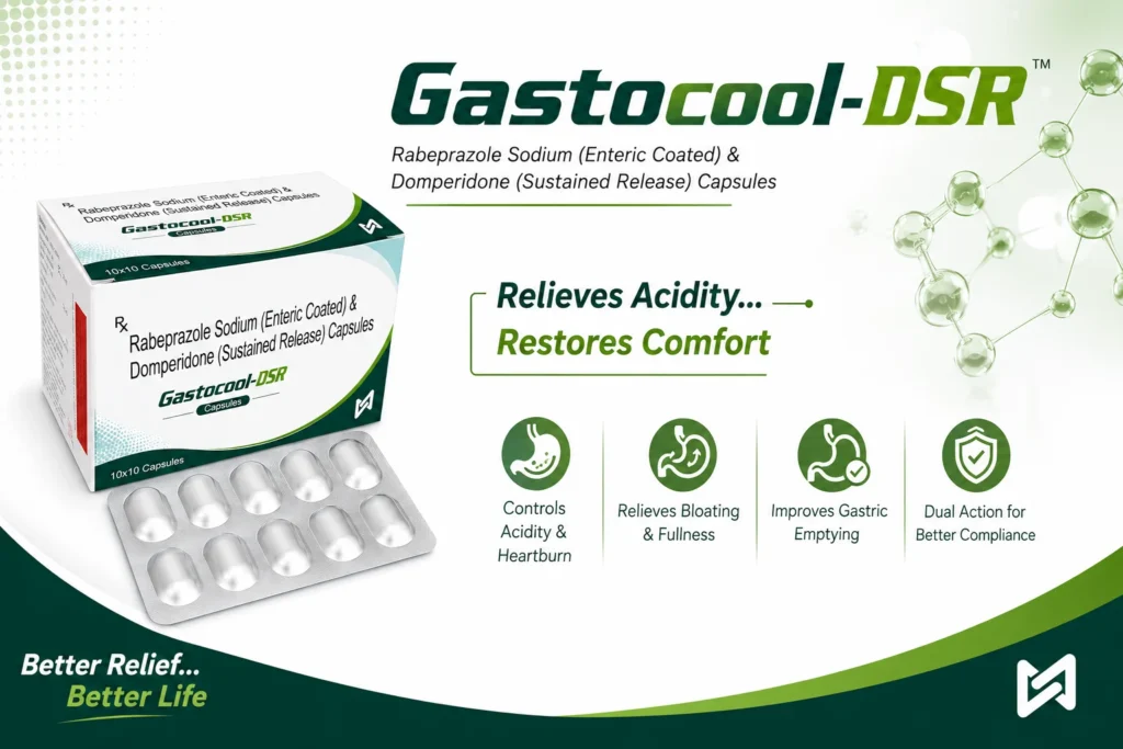 Gastocool-DSR Rabeprazole Sodium (Enteric Coated) and Domperidone (Sustained Release) Capsules carton with blister strip