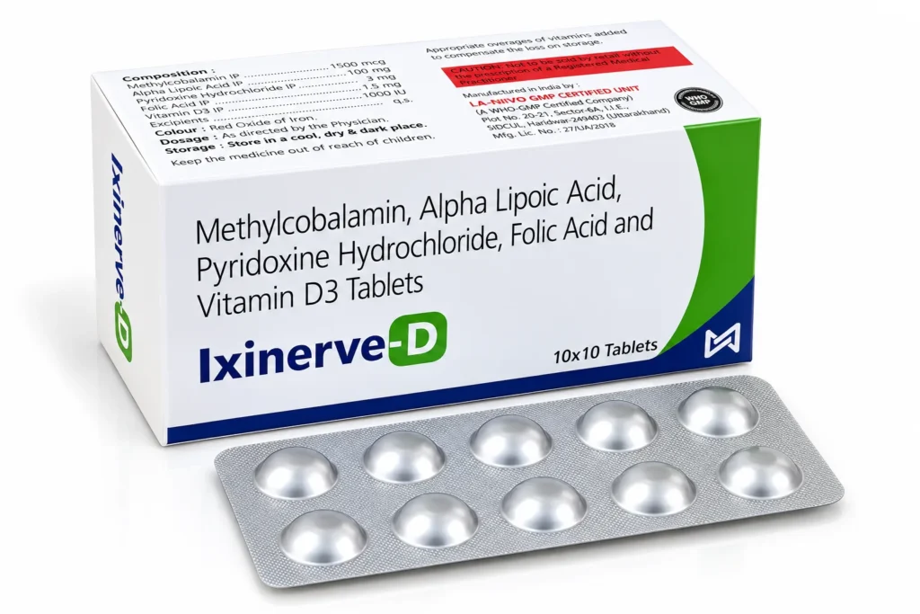 Ixinerve-D tablets carton showing composition panel and blister strip