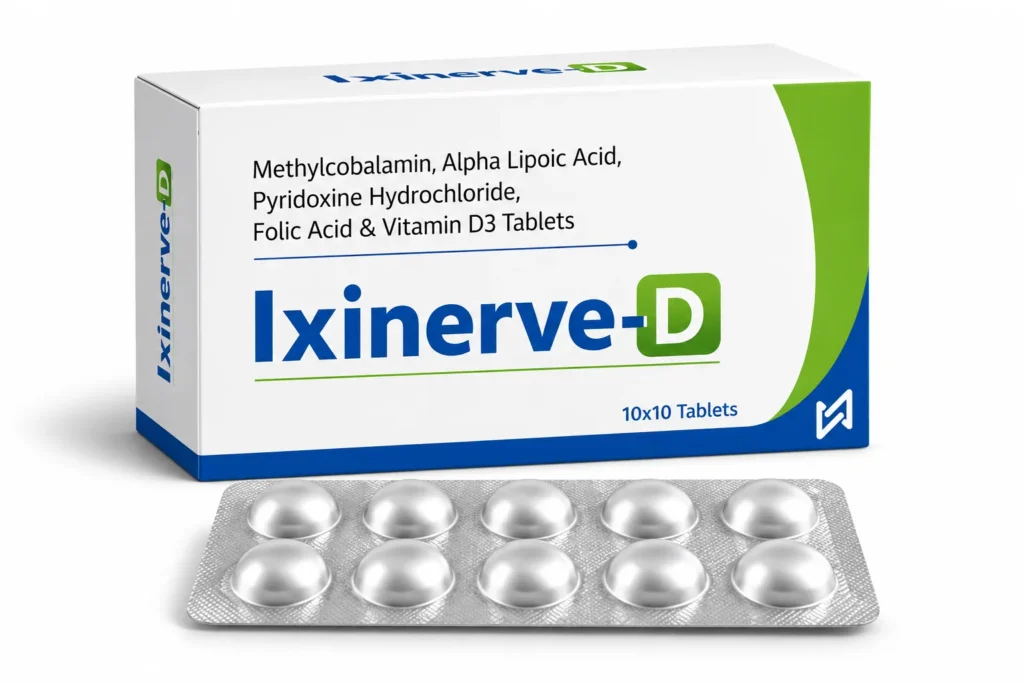 Ixinerve-D Methylcobalamin, Alpha Lipoic Acid, Pyridoxine, Folic Acid and Vitamin D3 tablets carton with blister strip, 10 x 10 tablets