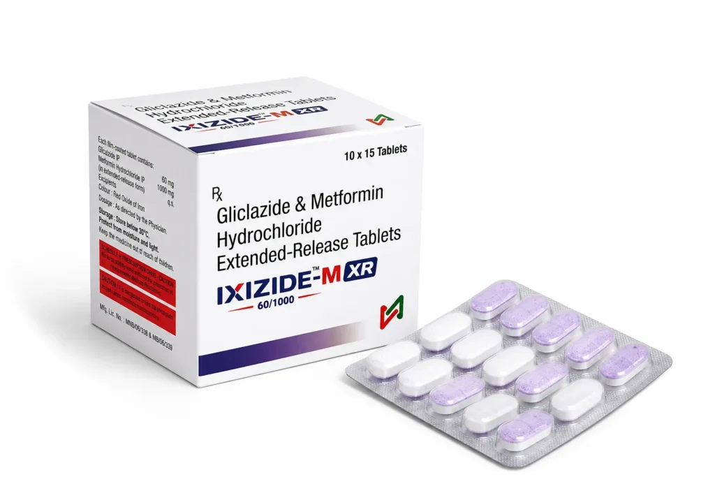Ixizide-M XR 60/1000 tablets carton and blister strip, side view